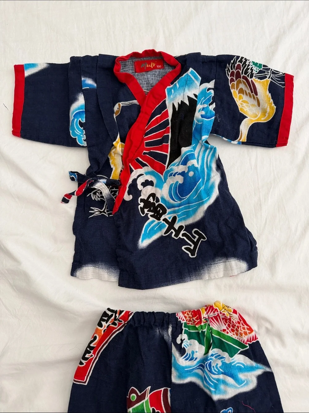 Kids Navy Blue Japanese Festival Jinbei Set with Red Trim